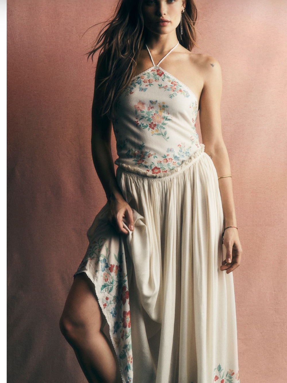 Free People Lila Halter Vintage Floral Print Lace Trims Midi Dress XL